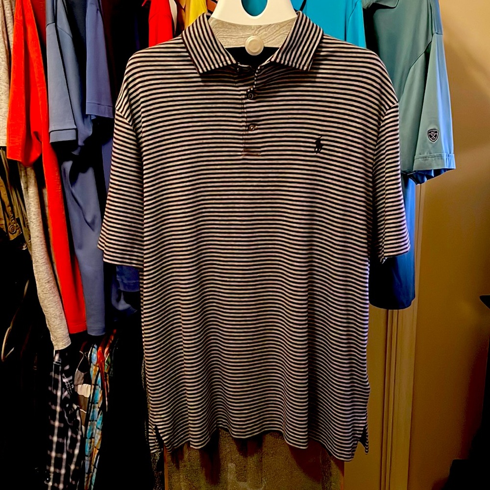 GRAY W/ BLACK HORIZONTALS RALPH LAUREN POLO ft. THE BLACK PONY 🐴🖊️